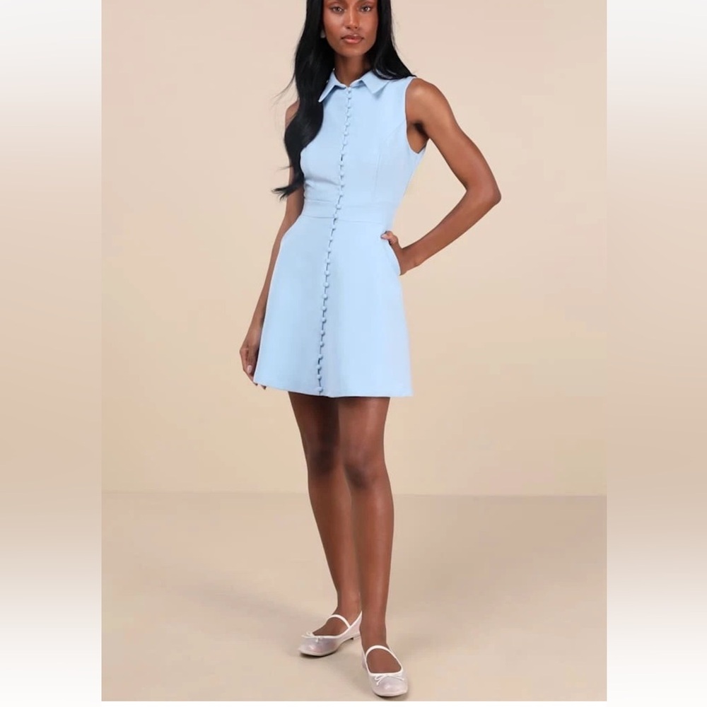Lulus Blue Pinstriped Collared Mini Dress With Pockets NWT Size L Large - Picture 2 of 11